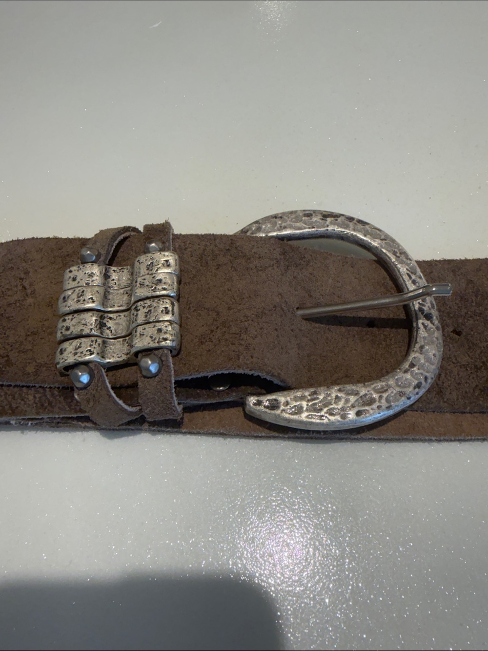 Leatherock Brown Suede Belt with Hammered Silver Buckle